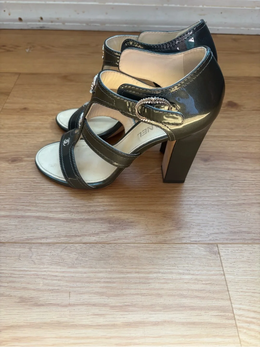 Chanel Metallic Gray Patent Leather Strappy Sandals